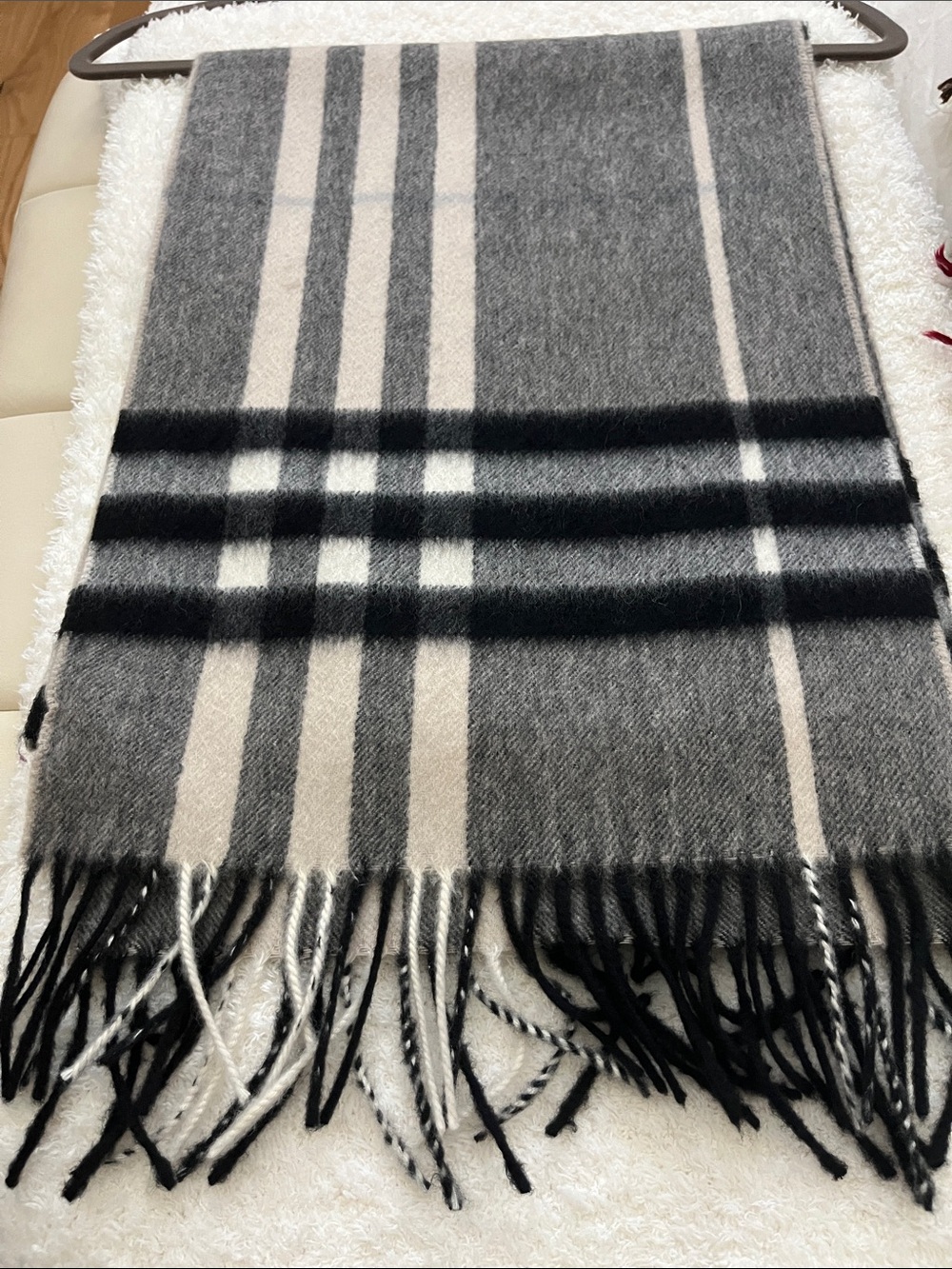 Burberry Gray and Cream Plaid Fringe Scarf